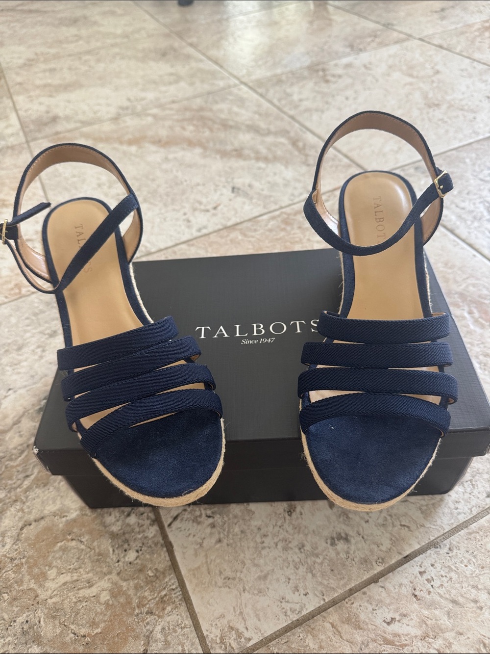 Talbots Navy Multi-Strap Espadrille Wedge Sandals